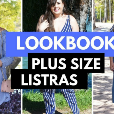 Lookbook plus size com listras azuis e brancas