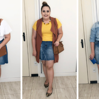 5 Looks plus size usando saia jeans