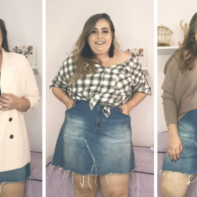 Looks plus size com saia jeans pro outono